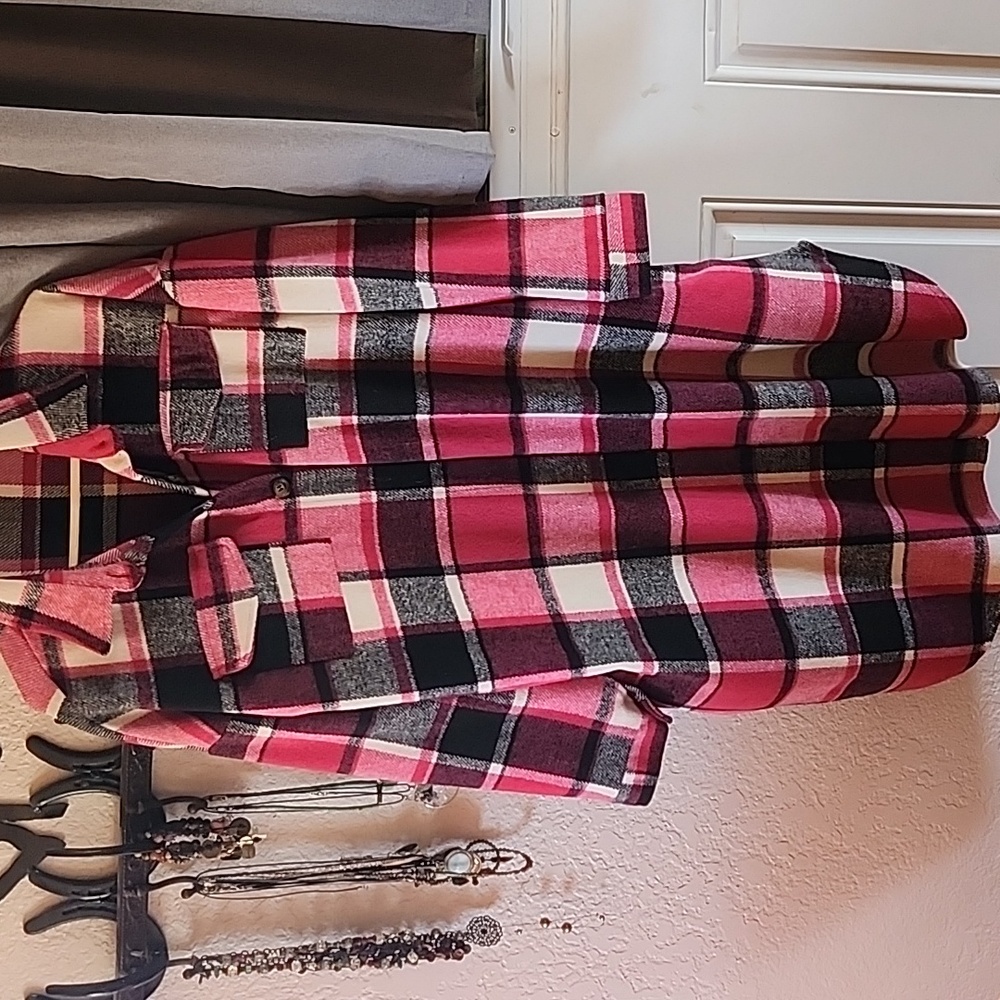 Long pink flannel shirt coat